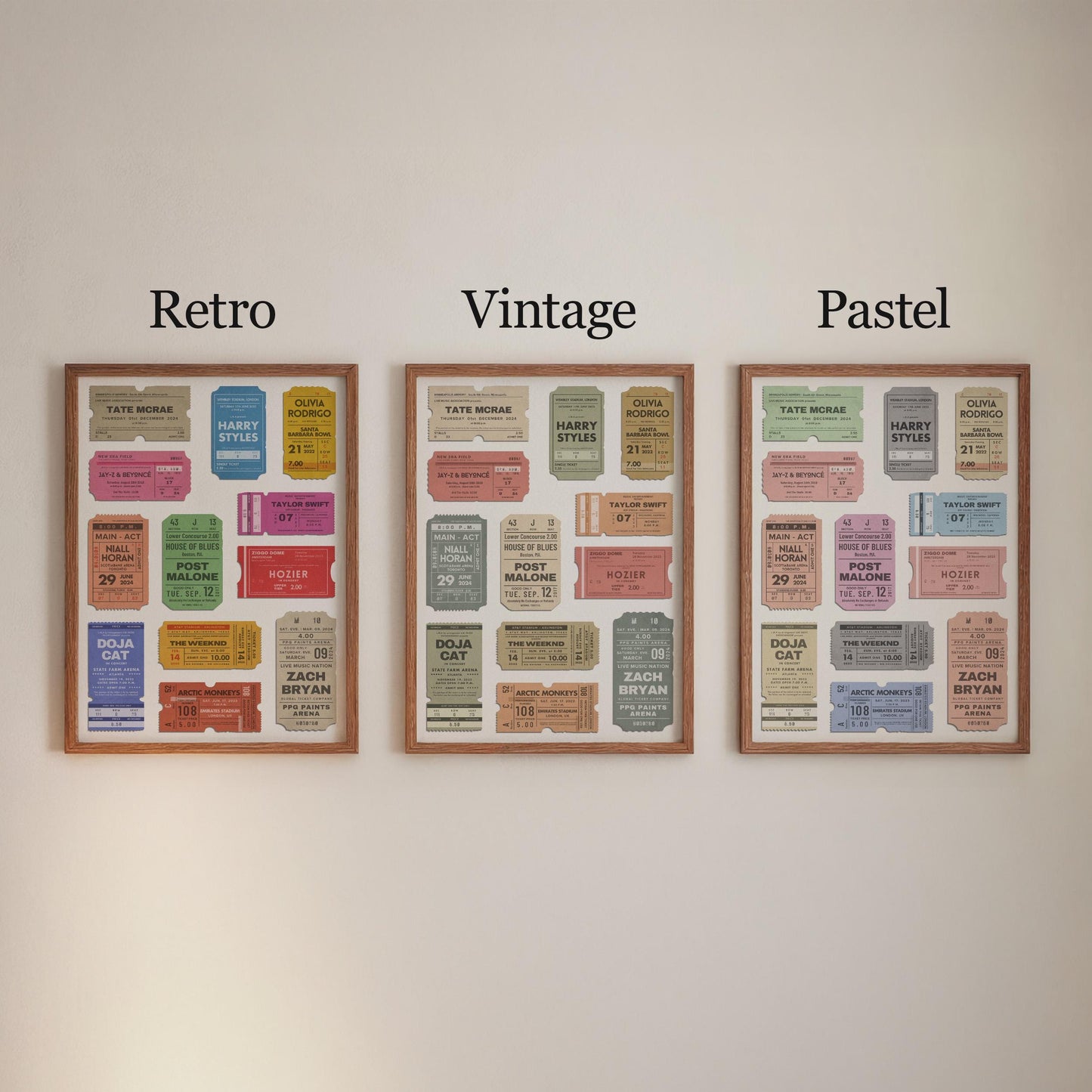 Printable personalised nostalgic print with your custom band or artist line-up styled as old tickets for music fans