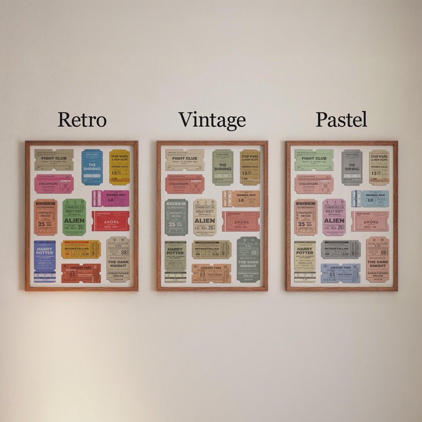 Vintage movie ticket stubs digital artwork comes in either vintage, retro or pastel colour schemes.
