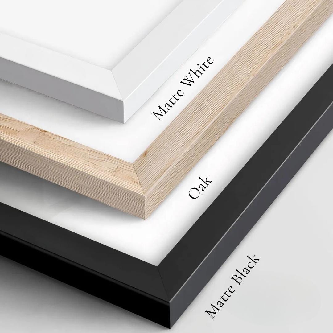 The framing for the prints are Oak, White and Black in sizes A4, A3, A2 and 9x12, 12x16 and 18x24