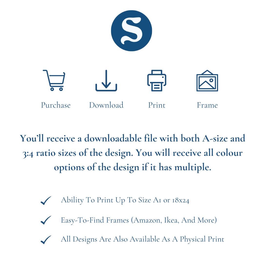 You will receive a download file once purchased with A size and 3:4 Ratio print files. You will receive all colour options if there are multiple.
