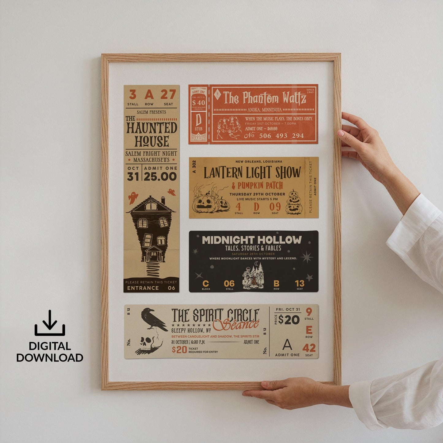 A retro Halloween Ticket Stub Poster on a kitchen wall.