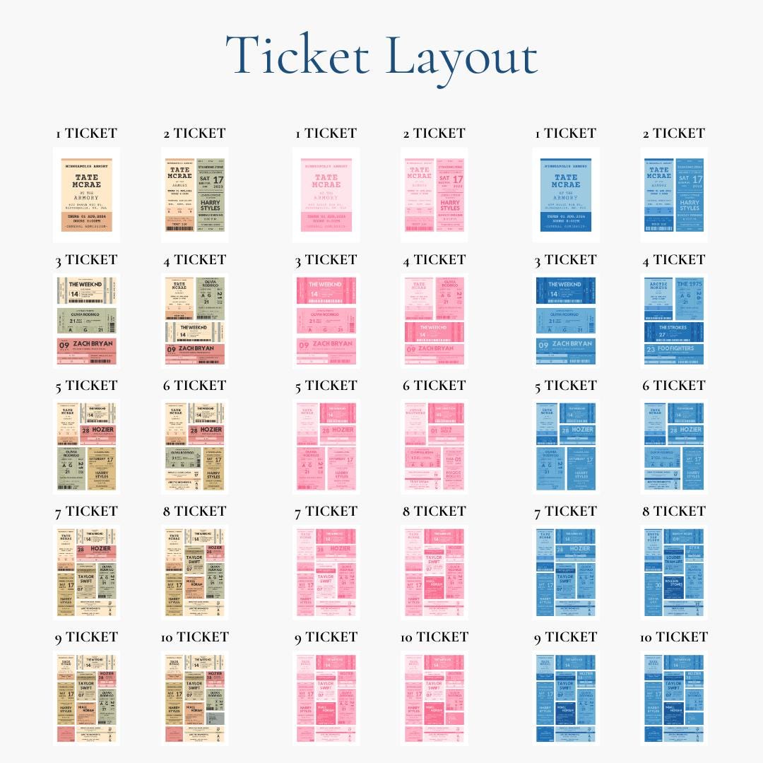 Bespoke vintage concert wall art can be personalised to have between 1-10 tickets of your gigs on them.