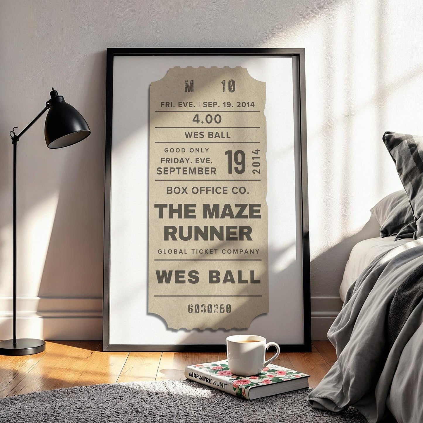 black framed poster in bedroom. retro movies ticket stub design.