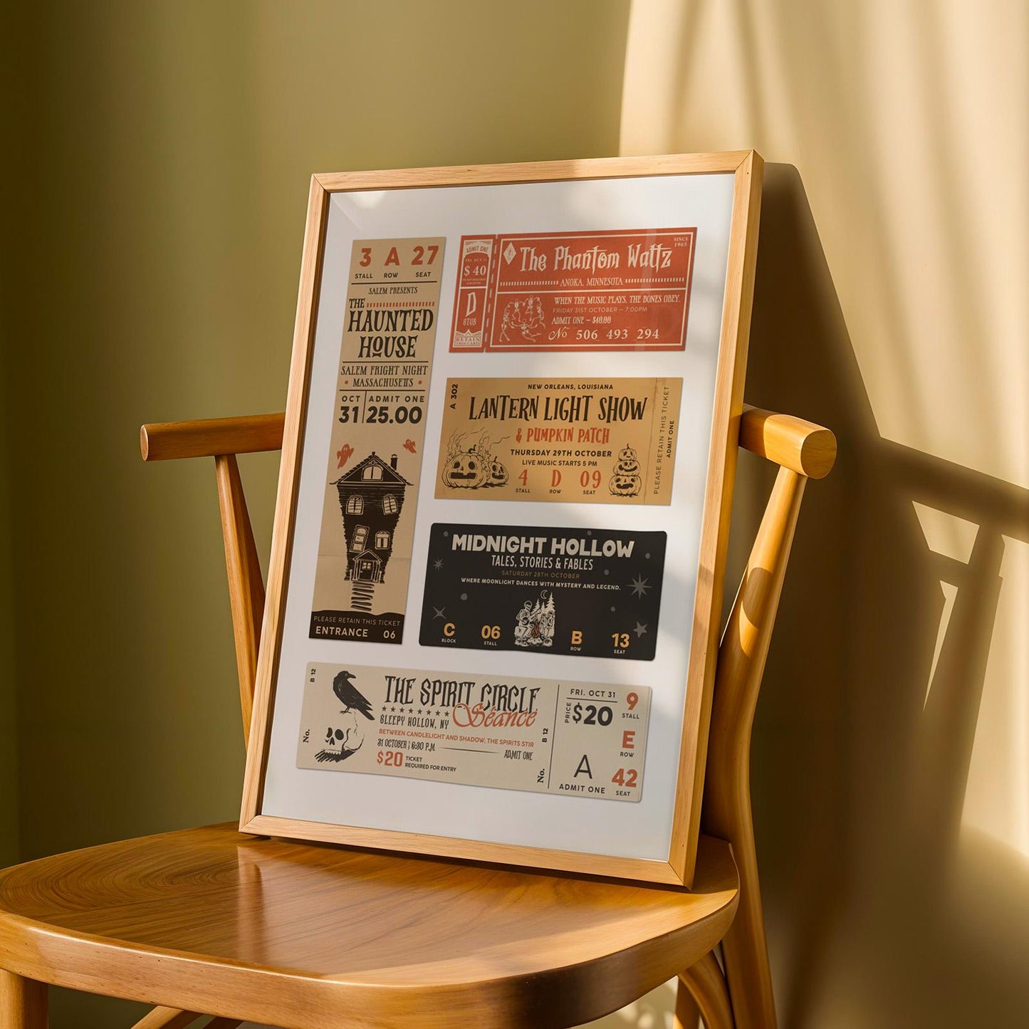 A framed print leaning on a chair. nostalgic event stubs for ghost tours, haunted house and more.