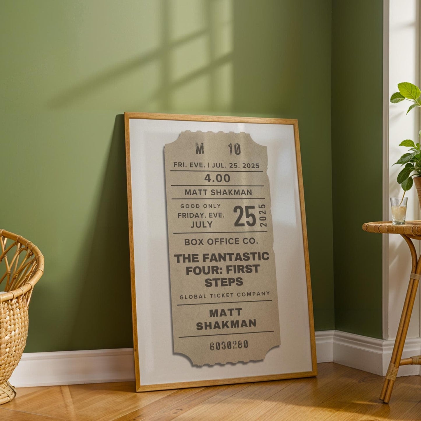 rustic apartment with vintage neutral colour ticket stub poster on the wall.