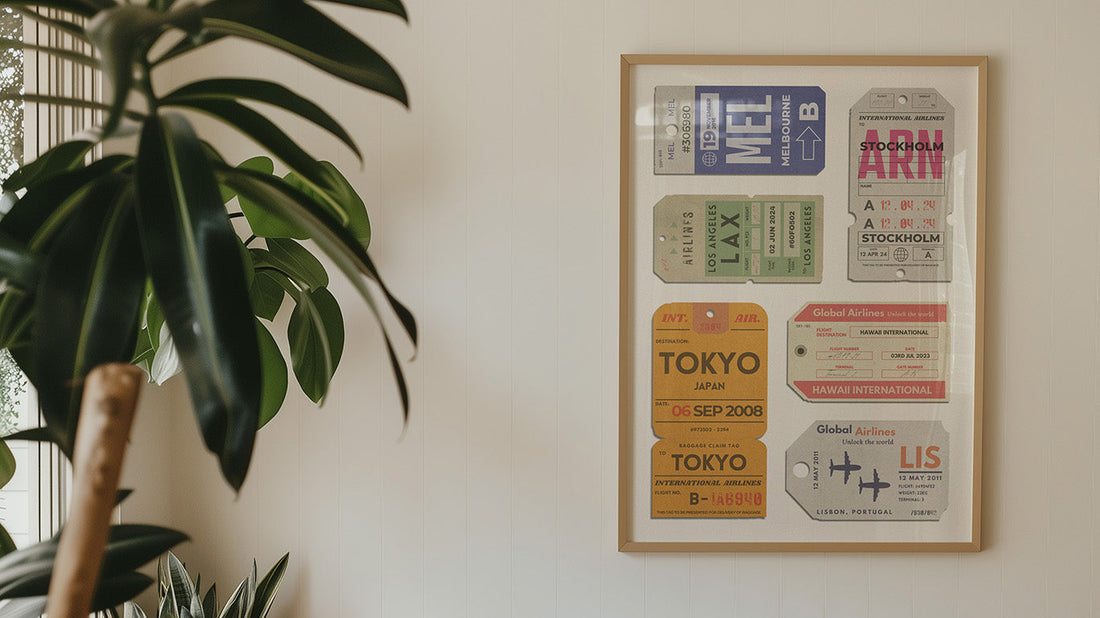 Custom Vintage Luggage Tag Poaster in frame on livingroom wall above sofa