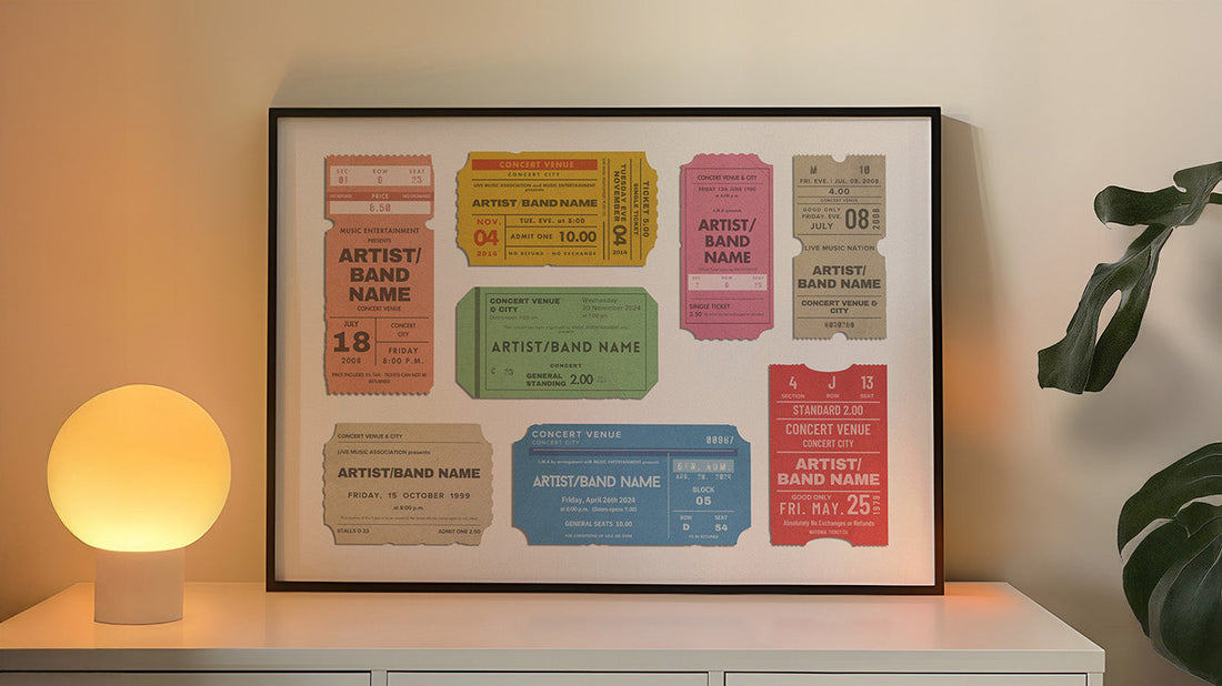 vintage concert ticket poster in frame leaning on wall