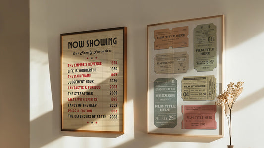 vintage movie ticket and letterbox poster on wall