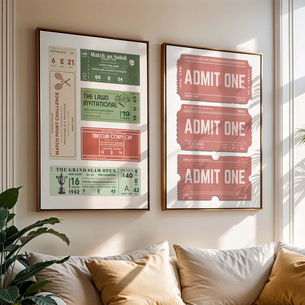 Two retro style ticket stub posters on a way in a Living room above a sofa. The prints are inspired by old worn cinema, arcade or concert ticket stubs. Perfect gift ideas for nostalgia lovers. 
