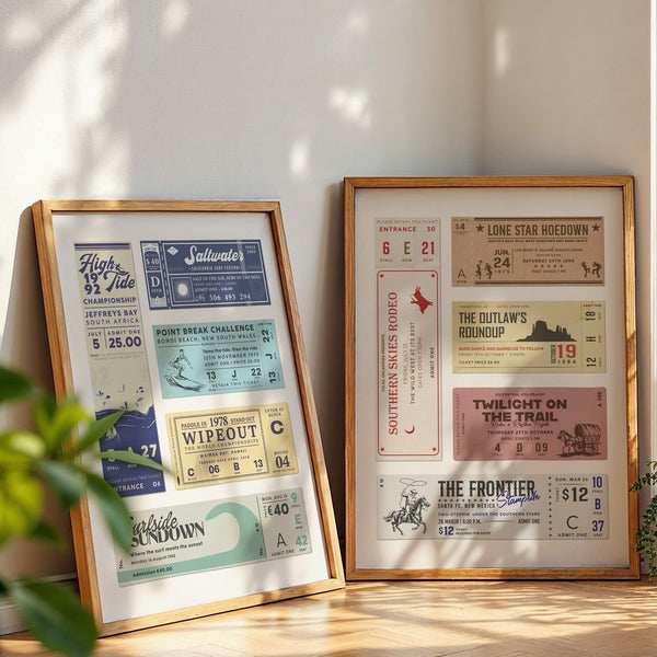 Two retro style ticket stub posters surrounded by plants in a home. The prints are inspire by old worn collected ticket stubs for events like surfing and rodeo shows.