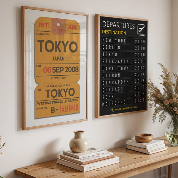 A picture of two of our travel inspired prints on the wall. These are examples of our prints which you can download, print and frame yourself with our digital download files.