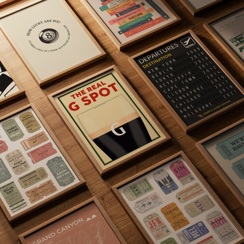 A picture of our featured listings laid our in frames. including customisable posters, bespoke prints and thoughtful gift ideas. 