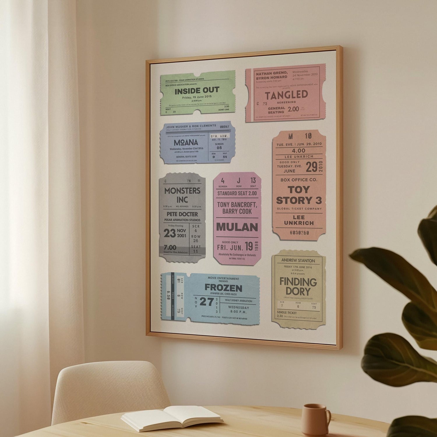 A pastel theme vintage style movie ticket wall art piece. on a wall in dining room ideal gift idea for film lovers.