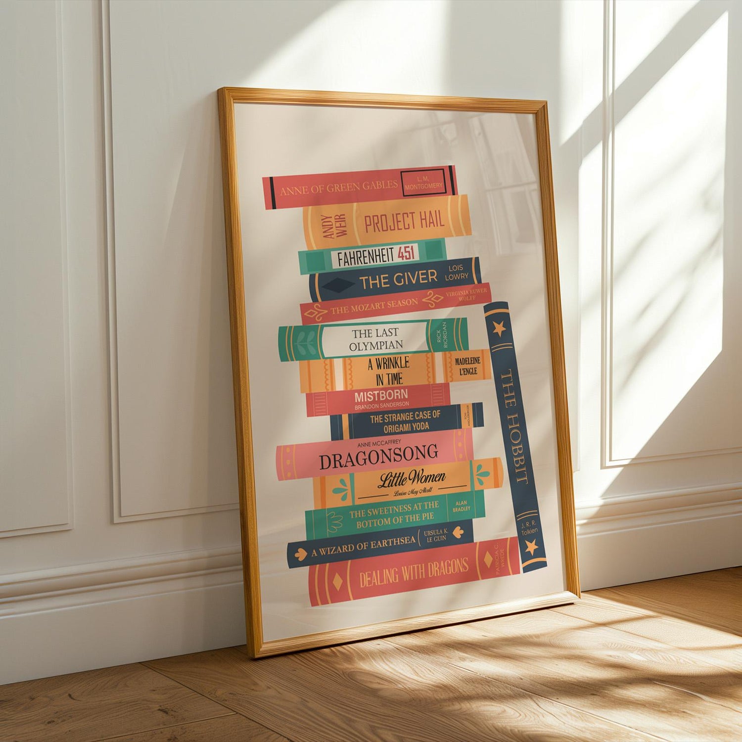 A custom book poster leaning on a wall in a living room. Girly bookish design with muted vintage colours.