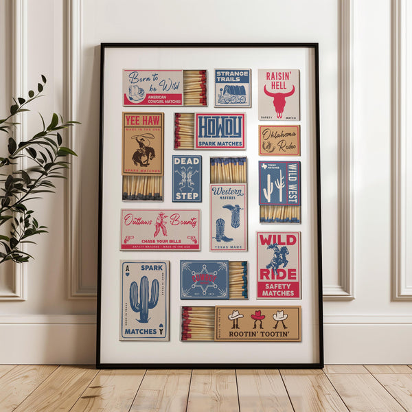 A white panelled wall in an apartment with a black framed poster leaning on it. The art has vintage colourful matchboxes on it with various western images, text and icons.