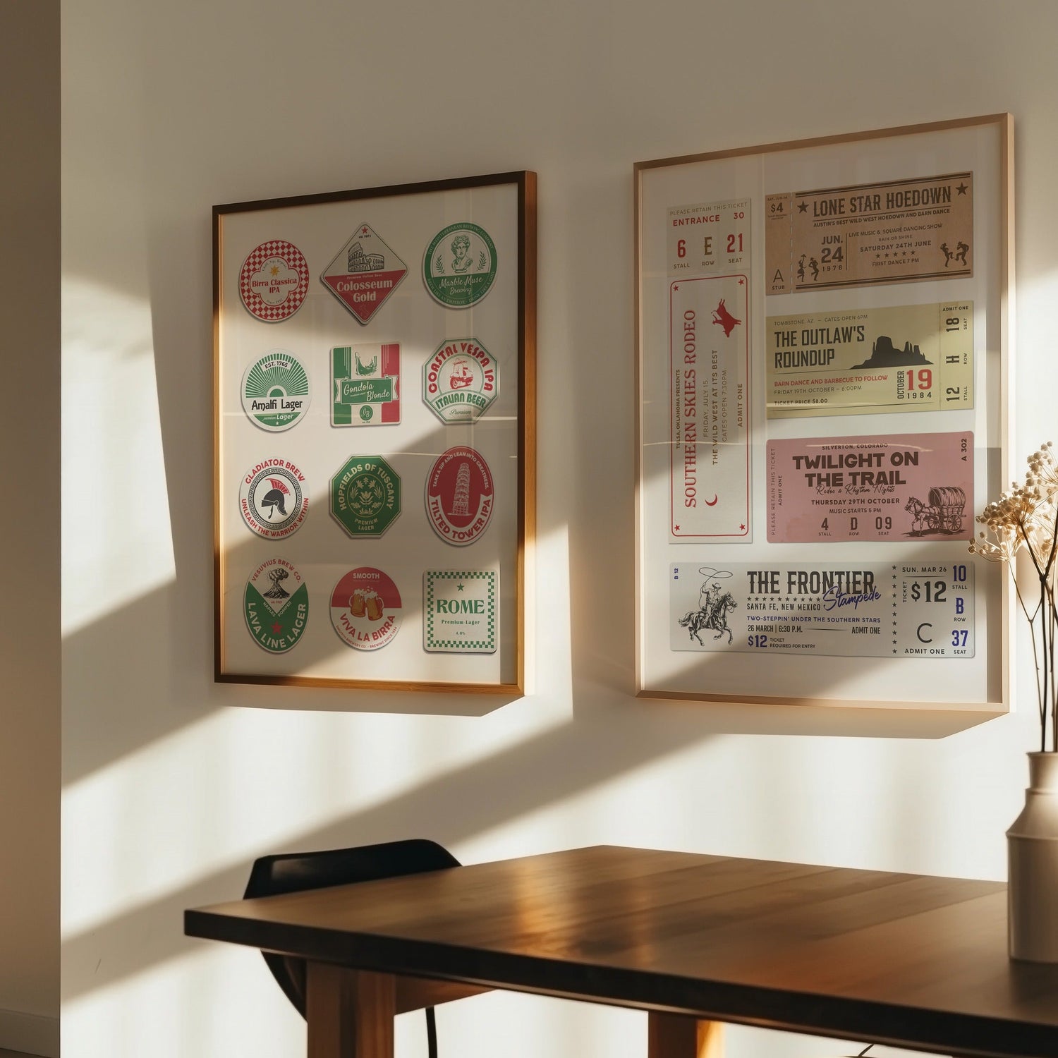Two posters hung on the wall in a midcentury style dining room. The art vintage beer mat design and a retro ticket stub art for western rodeo events. Both are available as easy printable and downloadable digital products.
