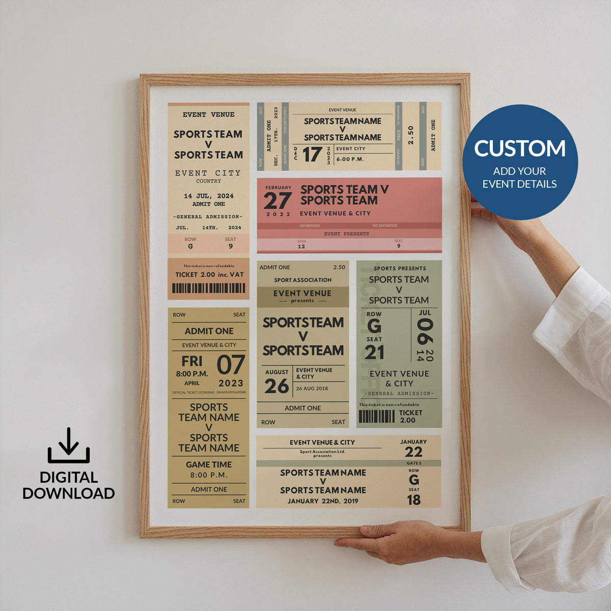 A framed sports event ticket print mockup held by a person's hand against a light gray wall. The print features multiple vintage-style admission tickets in beige, pink, and green with placeholder event text.