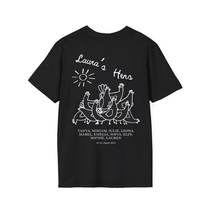 T shirt design with Hens for a hen do or bachelorette party. The shirt has custom writing on it and chickens with bride sashes on. Tee for wedding celebrations