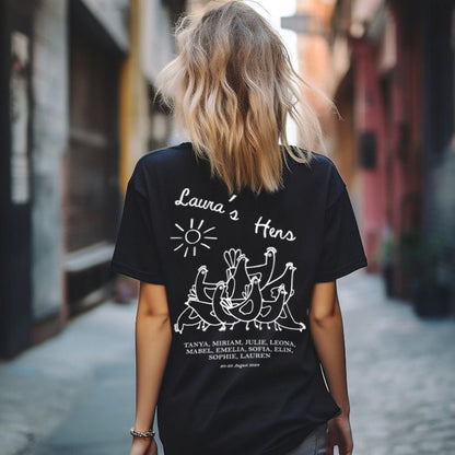 T shirt design with Hens for a hen do or bachelorette party. The shirt has custom writing on it and chickens with bride sashes on. Tee for wedding celebrations