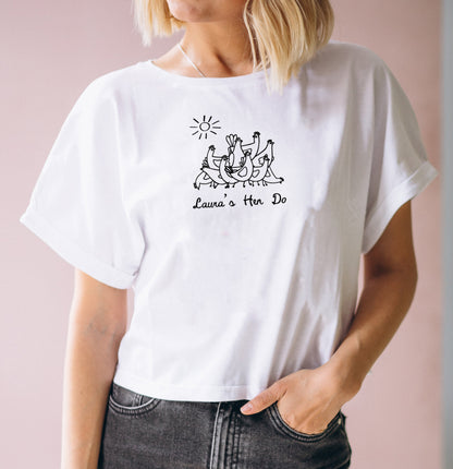 T shirt design with Hens for a hen do or bachelorette party. The shirt has custom writing on it and chickens with bride sashes on. Tee for wedding celebrations
