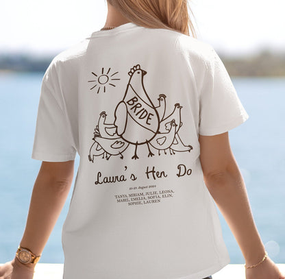 T shirt design with Hens for a hen do or bachelorette party. The shirt has custom writing on it and chickens with bride sashes on. Tee for wedding celebrations