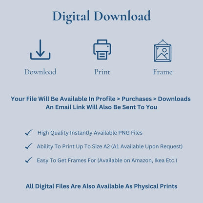 This poster is a digital download file bundle of all colour options. Your print will be emailed over instantly and available to print and frame. You can print with guaranteed high quality up to A2 (A1 Upon Request).