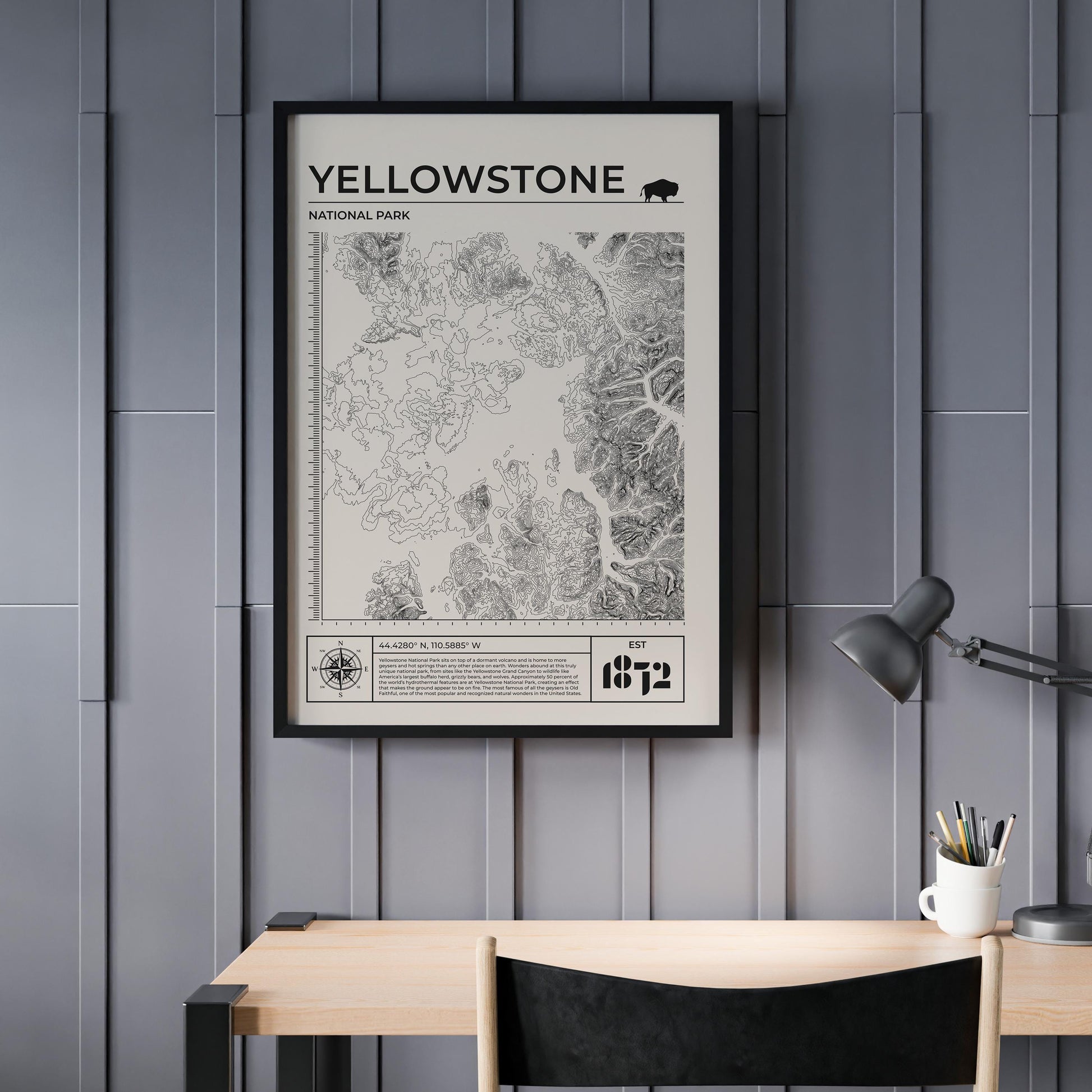 Digital printable cream Yellowstone topography vintage art, ideal for nature and hiking fans.