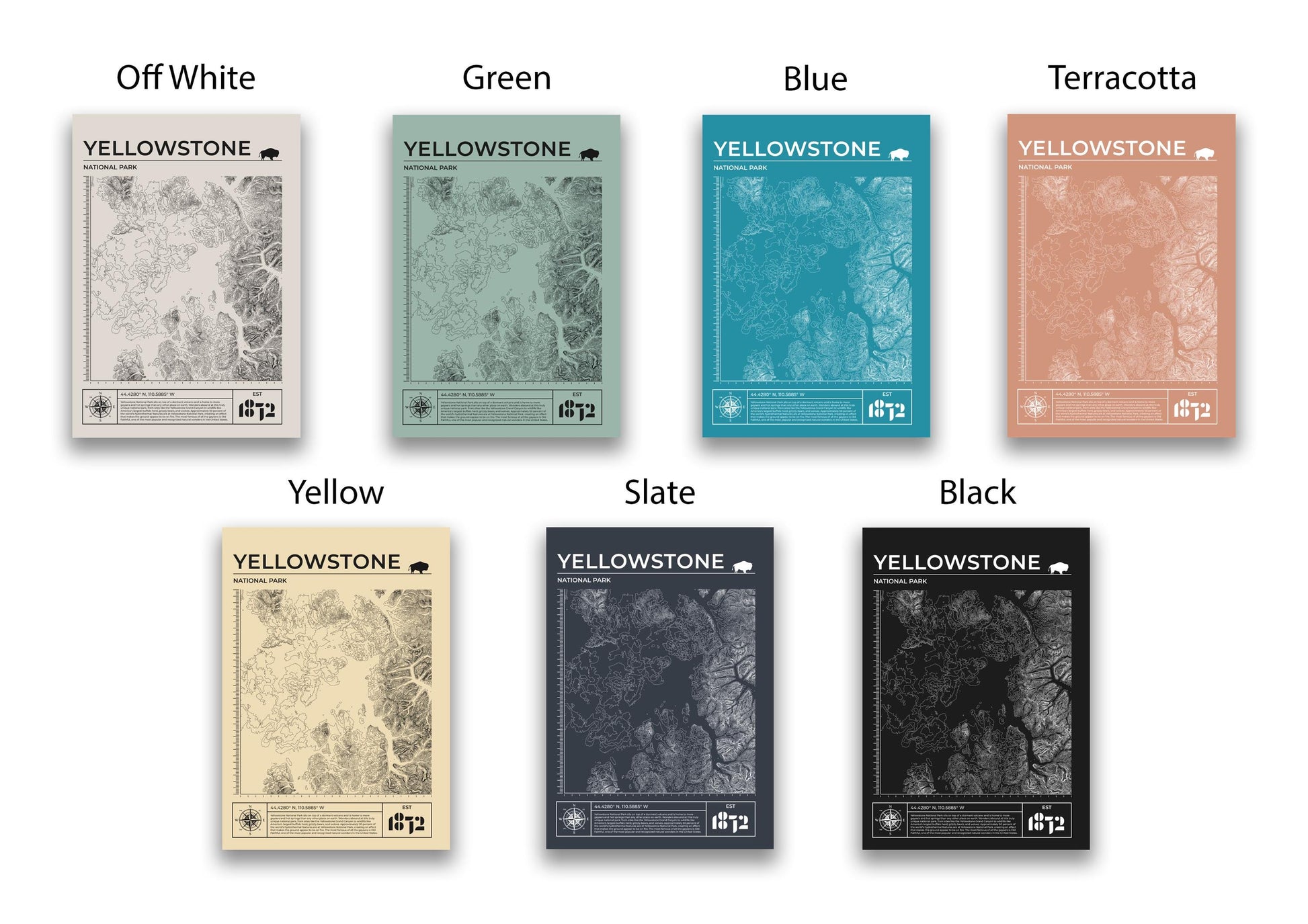 The Colour Options for this poster are Off-White, Green, Blue, Terracotta, Yellow, Slate and Black