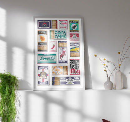 A motorsports Racing Poster with vintage and traditional matchboxes on it. A Perfect print gift for race car and formula Fans as well as for him her and dad.