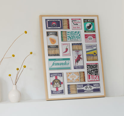 A motorsports Racing Poster with vintage and traditional matchboxes on it. A Perfect print gift for race car and formula Fans as well as for him her and dad.