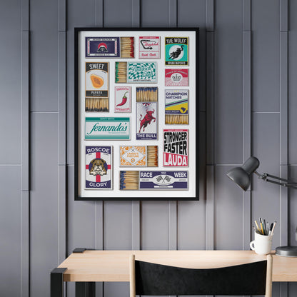 A motorsports Racing Poster with vintage and traditional matchboxes on it. A Perfect print gift for race car and formula Fans as well as for him her and dad.