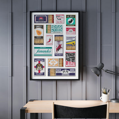 A motorsports Racing Poster with vintage and traditional matchboxes on it. A Perfect print gift for race car and formula Fans as well as for him her and dad.