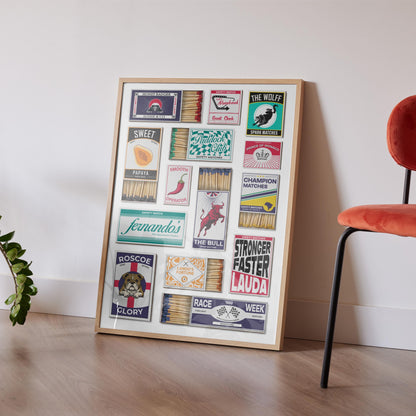 A motorsports Racing Poster with vintage and traditional matchboxes on it. A Perfect print gift for race car and formula Fans as well as for him her and dad.