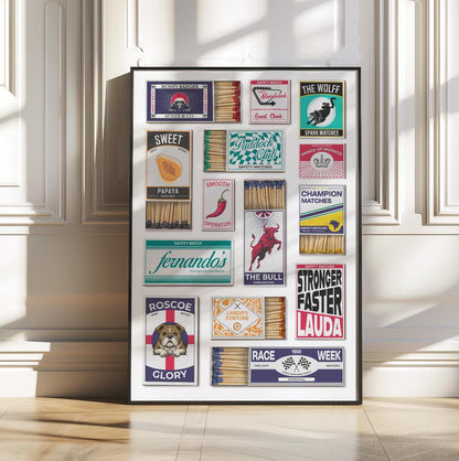 A motorsports Racing Poster with vintage and traditional matchboxes on it. A Perfect print gift for race car and formula Fans as well as for him her and dad.