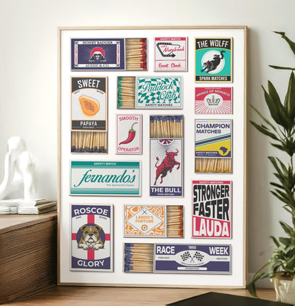 A motorsports Racing Poster with vintage and traditional matchboxes on it. A Perfect print gift for race car and formula Fans as well as for him her and dad.