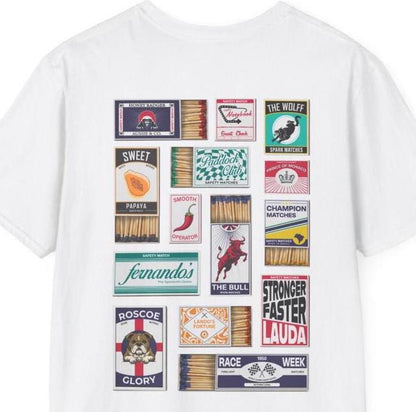A Racing Motorsports T Shirt featuring vintage matchboxes with detailed handmade illustrations of your favourite drivers and teams. A Perfect gift for formula fans.