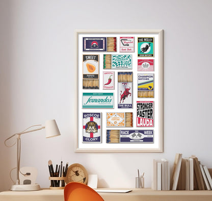 A motorsports Racing Poster with vintage and traditional matchboxes on it. A Perfect print gift for race car and formula Fans as well as for him her and dad.