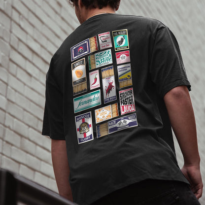 A Racing Motorsports T Shirt featuring vintage matchboxes with detailed handmade illustrations of your favourite drivers and teams. A Perfect gift for formula fans.