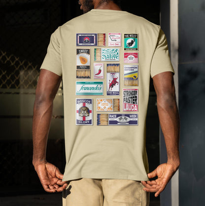 A Racing Motorsports T Shirt featuring vintage matchboxes with detailed handmade illustrations of your favourite drivers and teams. A Perfect gift for formula fans.