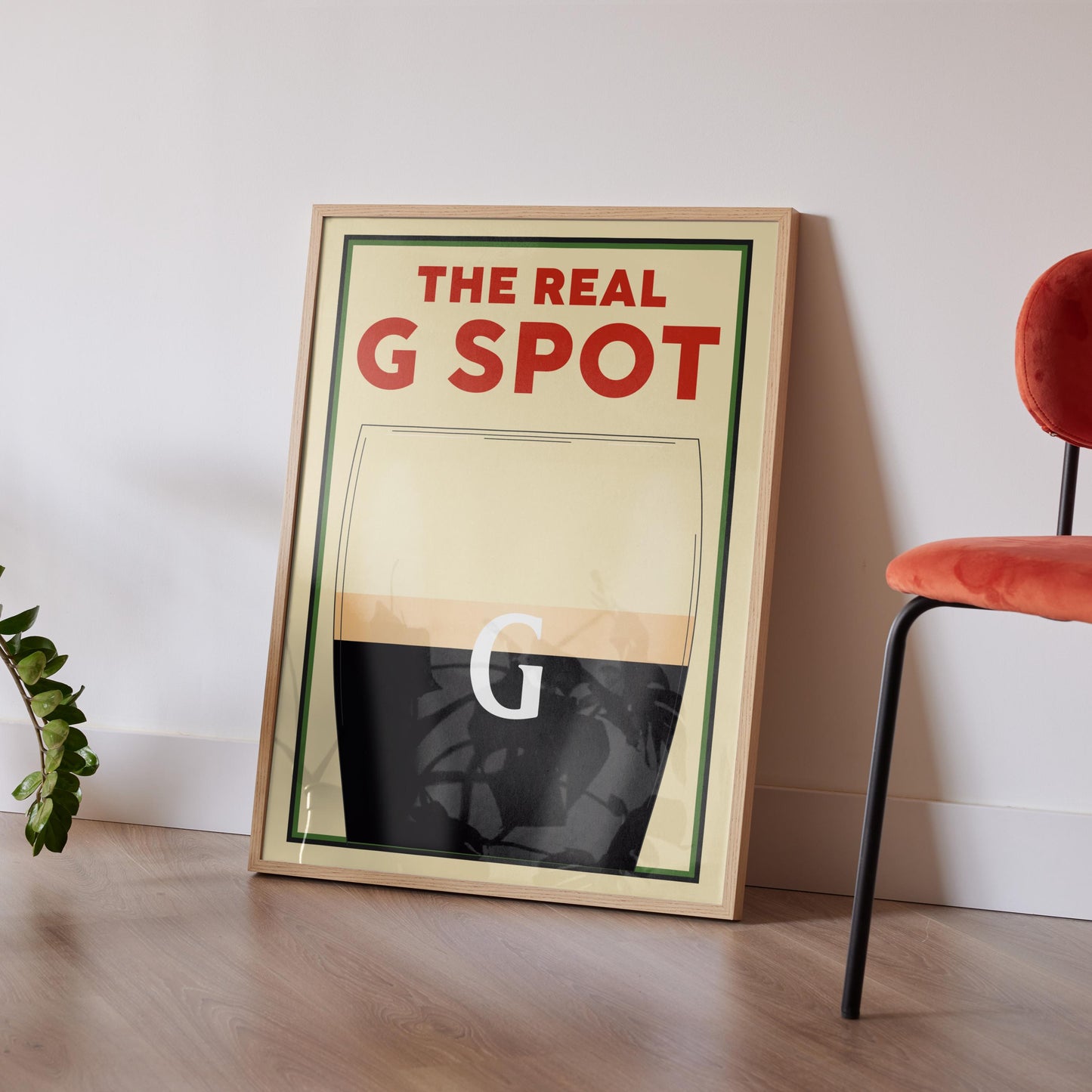 A Vintage poster featuring a pint with the text above saying The Real G spot in reference to splitting the G. This is a perfect funny gift idea for any beer lovers or boyfriends and dads.