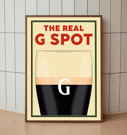 A Vintage poster featuring a pint with the text above saying The Real G spot in reference to splitting the G. This is a perfect funny gift idea for any beer lovers or boyfriends and dads.