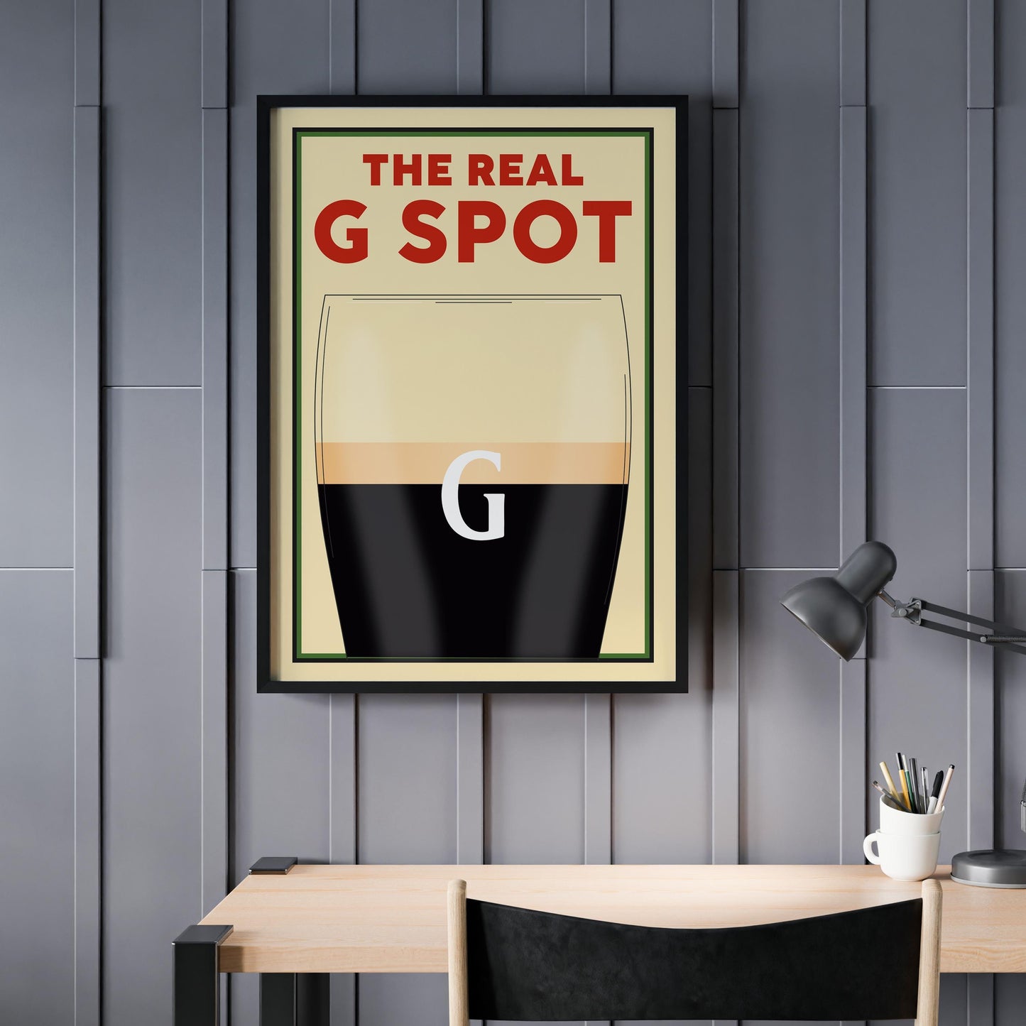 A Vintage poster featuring a pint with the text above saying The Real G spot in reference to splitting the G. This is a perfect funny gift idea for any beer lovers or boyfriends and dads.