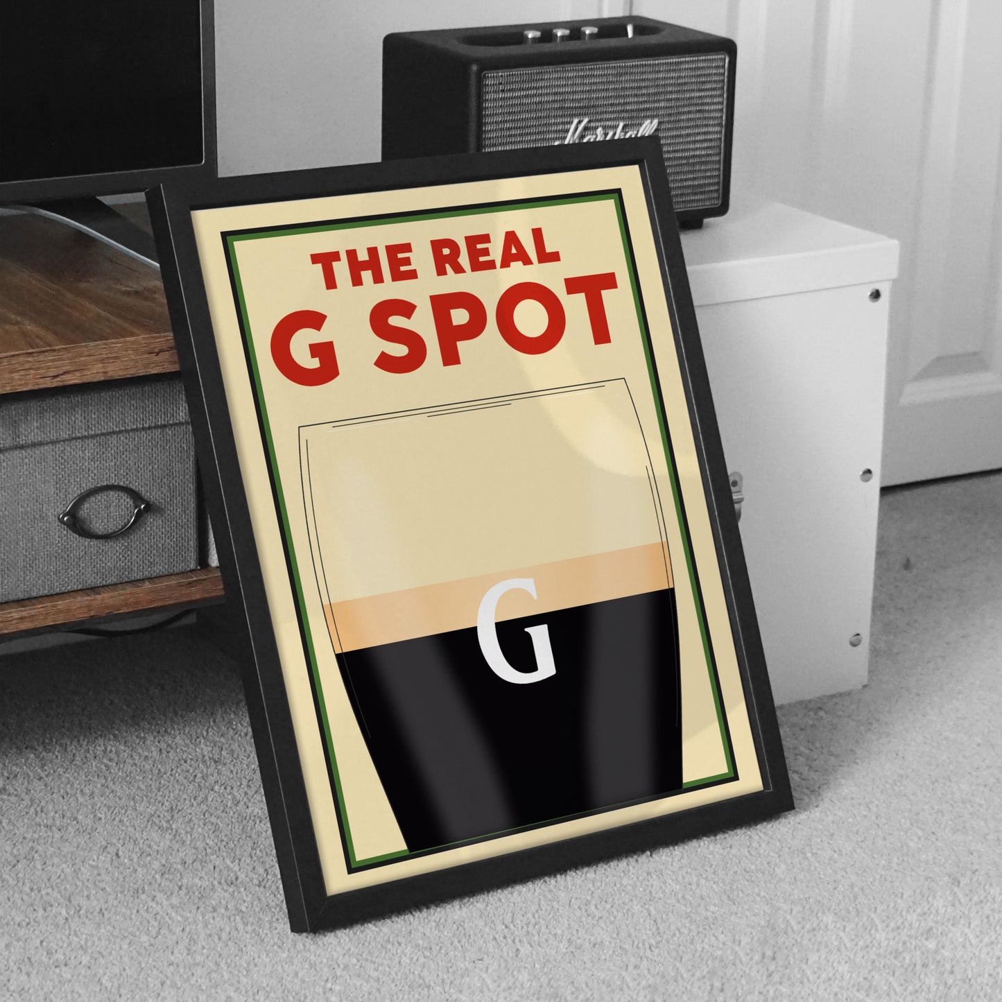 A Vintage poster featuring a pint with the text above saying The Real G spot in reference to splitting the G. This is a perfect funny gift idea for any beer lovers or boyfriends and dads.