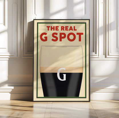 A Vintage poster featuring a pint with the text above saying The Real G spot in reference to splitting the G. This is a perfect funny gift idea for any beer lovers or boyfriends and dads.