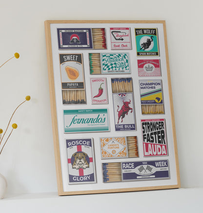 A motorsports Racing Poster with vintage and traditional matchboxes on it. A Perfect print gift for race car and formula Fans as well as for him her and dad.
