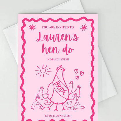 A digital Hen Do Invite Proposal Card. Fully Customisable and custom to you event. All you need is canva to pick your text, colours and style. Perfect for Hen do Hens Party Bridal Invitations.