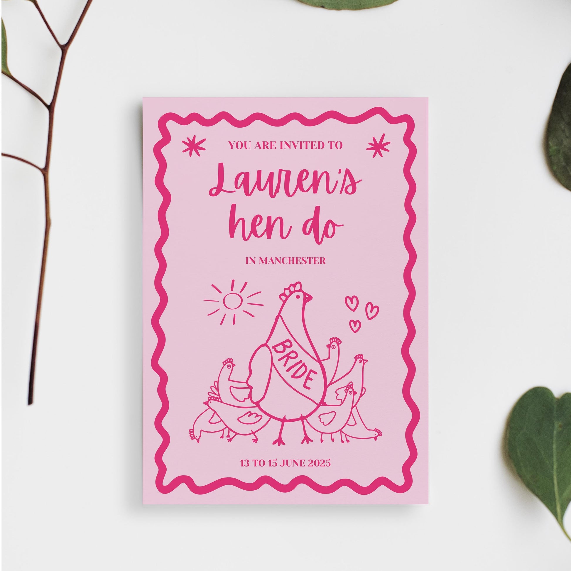 A digital Hen Do Invite Proposal Card. Fully Customisable and custom to you event. All you need is canva to pick your text, colours and style. Perfect for Hen do Hens Party Bridal Invitations.