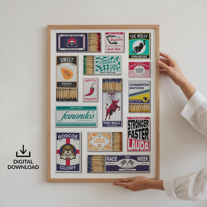 A motorsports Racing Poster with vintage and traditional matchboxes on it. A Perfect print gift for race car and formula Fans as well as for him her and dad.
