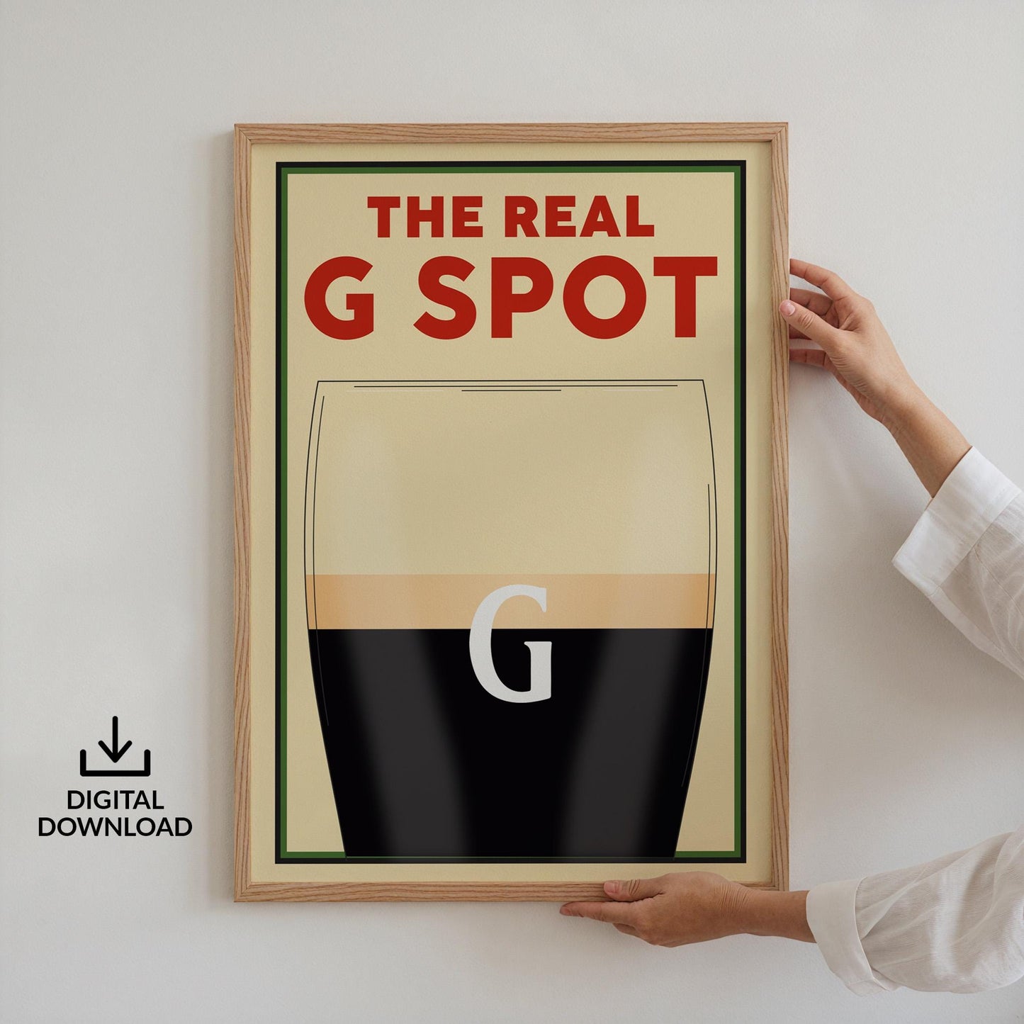 A Vintage poster featuring a pint with the text above saying The Real G spot in reference to splitting the G. This is a perfect funny gift idea for any beer lovers or boyfriends and dads.