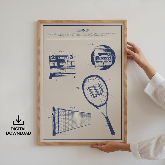Digital tennis blueprint print with racket, ball, and net diagrams, perfect wall art for players and fans.